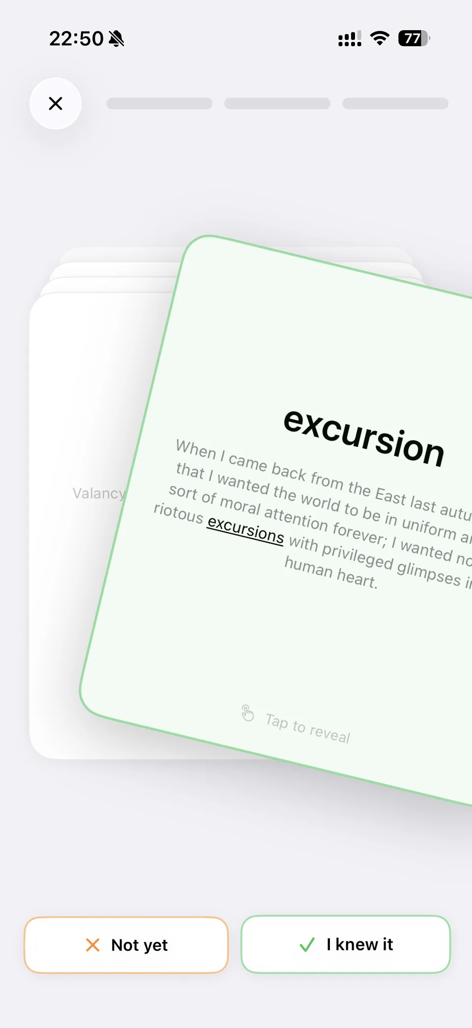 A flash card showing the word excursion inside the sentence it was found in