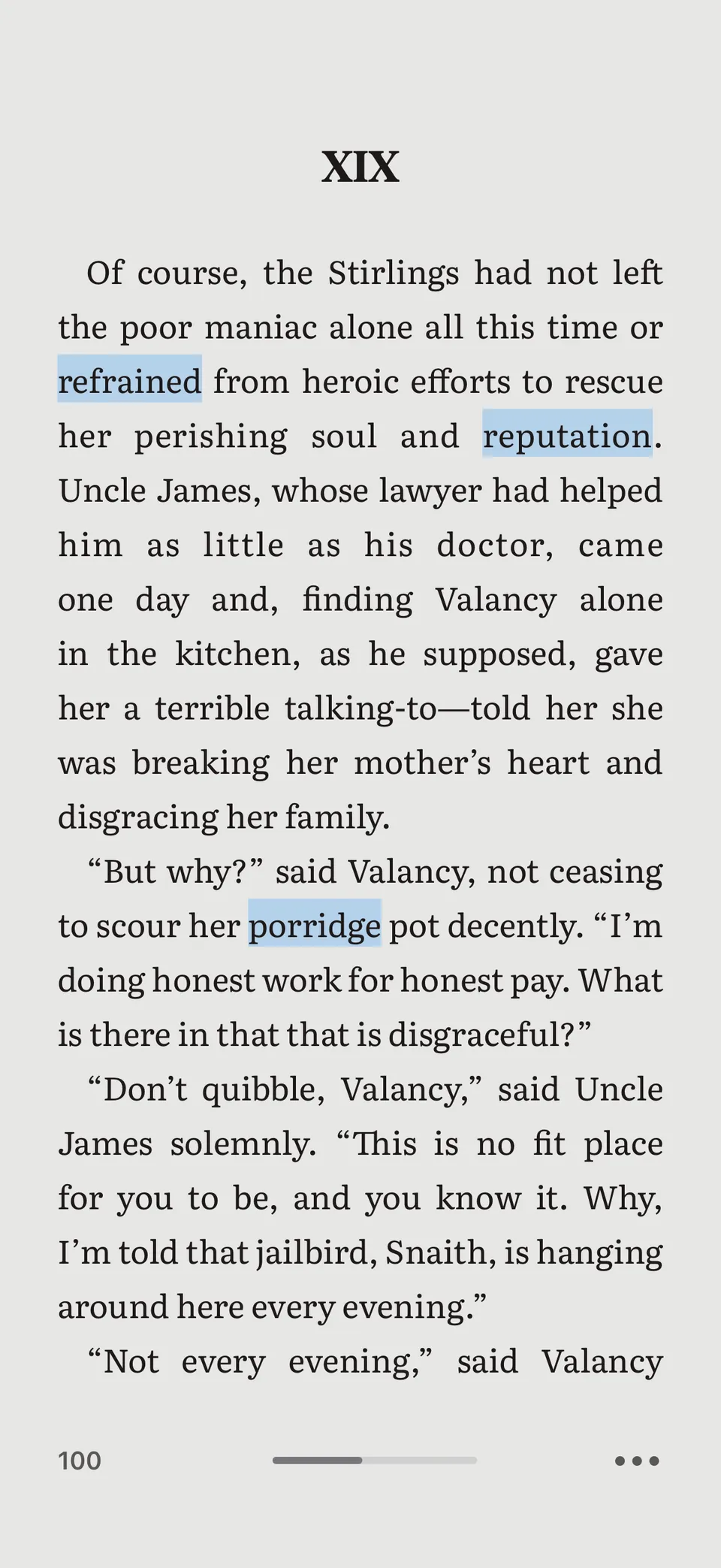 A page of The Blue Castle in the Versera reader, with saved words highlighted